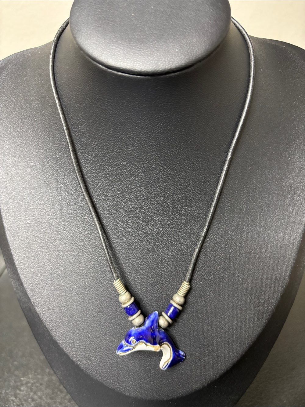 Blue Ceramic Dolphin Pendant Necklace on Leather Black Cord